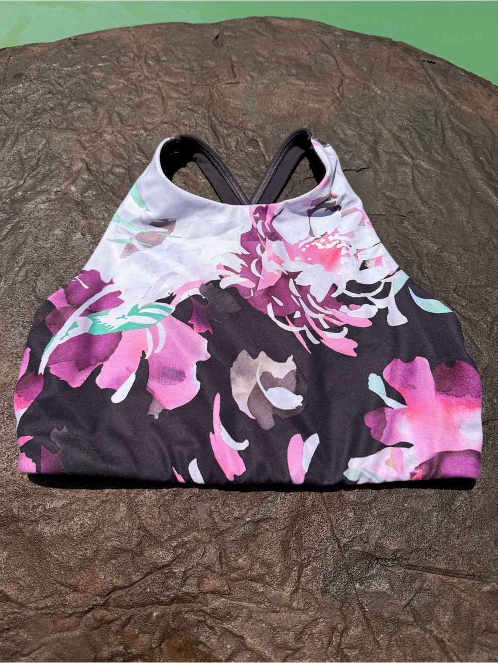 ATHLETA Conscious Crop High Neck Floral Spring Night Yoga Sports Bra Top Size S